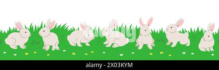 Niedliche kleine Hasen spielen auf grüner Wiese. Handgezeichnete lineare Zeichentrickbabinchen in verschiedenen Posen, die im grünen Gras sitzen. Horizontale Stiftleiste banne Stock Vektor