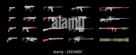 Militärisches Waffenset. Verschiedene moderne Waffen. Taktische Sturmgewehre, Geschütze, AK 47, Scharfschützengewehre, Panzerabwehrgranatenwerfer. Stock Vektor