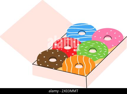 Donuts mitnehmen. Donuts Box. Bäckerei, süßes Gebäck. Vektorabbildung. Stock Vektor