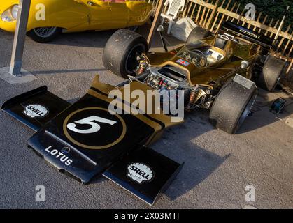 Emerson Fittipaldis 1971 Lotus-Pratt & Whitney 56B Gasturbinenwagen F1. 75 Jahre Lotus Celebration Parade. 2023 Goodwood Revival, Sussex. Stockfoto