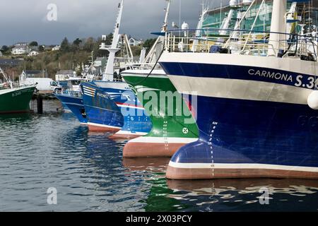 Eine Reihe von Schleppnetzfischern, die im Hafen von Killybegs, County Donegal, Irland, verankert sind Stockfoto