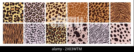 Animal patterns. Leopard and zebra cute prints, wild cat tiger skin seamless texture, jungle cheetah life, fashion cow leather. Decor textile, wrapping paper, wallpaper or design fabric. Vector set Stock Vektor