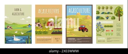 Betriebsmuster. Landwirtschaft Dorf Feldlandschaft, Land mit Gartenpflanze und Haus, süßer Frühling. Kuh und Hausvögel, Ernte auf Plantagen. Banner oder Poster. Vektor-Ökolandhintergrund Stock Vektor