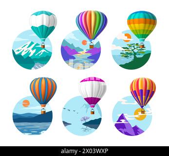 Heißluftballon. Antennenweg. Abenteuerreise. Malerische Naturlandschaft. Wilde Berge. Flusswasser. Ballonflug. Himmelswolken. Fliegendes Fahrzeug. Felsspitzen. Vektor Sommer Tourismus Banner Set Stock Vektor