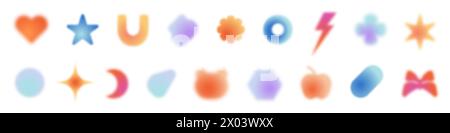 Gradientenherzen. Unschärfe Y2K-Kreis. Blumen- und Sternformen. Aura-Symbole in sanften Farben. Retro-Mesh-Grafik. Ästhetische Figuren. Abstrakte geometrische Symbole. Defokussierte Liebeszeichen. Vektorabwicklungselemente festgelegt Stock Vektor