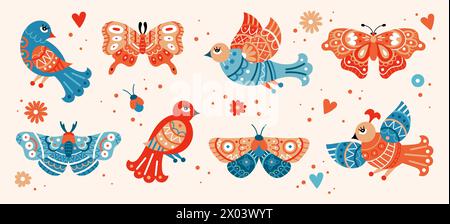 Frühlingstiere. Waldnaturinsekten. Schmetterling und Vogel mit niedlichen Ornamenten. Wilde Vögel. Bunte Fantasy-Motten. Liebe das Herz. Tierwelt im Sommer. Zooelemente. Vektor Cartoon Fliegen Kreaturen Set Stock Vektor