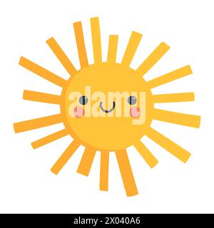 Niedliche Zeichentrickfigur mit einem Lächeln der Sonne. Kindlicher Stil. Sonnensymbol. Vektorabbildung Stock Vektor