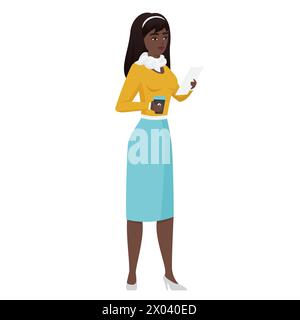 Frau in formeller Kleidung hält Tasse Kaffee und Papier Dokument Vektor Illustration Stock Vektor