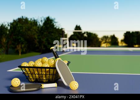 Pickleball Schläger und Bälle in einem Korb auf einem Outdoor Court in einem Park. 3D-Rendering. Stockfoto