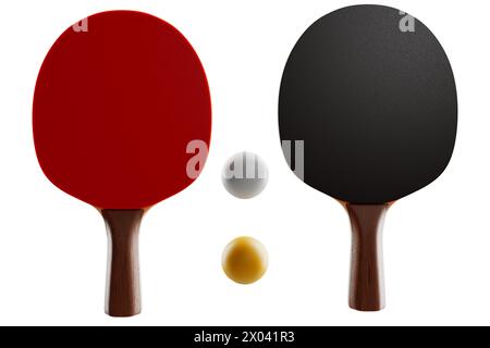 Schläger und Bälle für Tischtennis, Tischtennis auf einem isolierten Hintergrund. 3D-Rendering Stockfoto