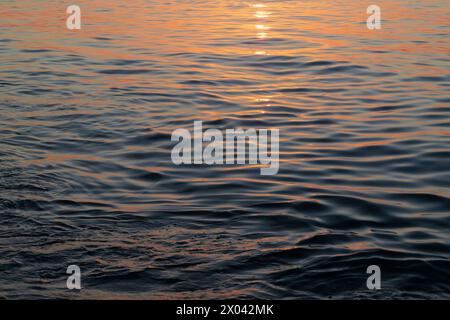 Sonnenlicht auf dem Wasser. Sonnenuntergang über dem Meer. Oberfläche des Wassers. Meereshintergrund. Wellen auf dem Wasser, Wellen. Natürliche Landschaft. Stockfoto