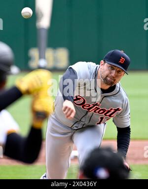 Pittsburgh, Usa. April 2024. Detroit Tigers Pitcher Casey Mize (12) startet am Dienstag, den 9. April 2024, gegen die Pittsburgh Pirates im PNC Park. Foto: Archie Carpenter/UPI Credit: UPI/Alamy Live News Stockfoto