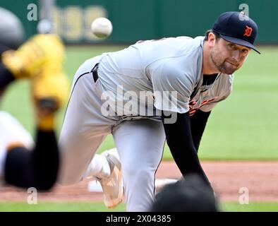 Pittsburgh, Usa. April 2024. Detroit Tigers Pitcher Casey Mize (12) startet am Dienstag, den 9. April 2024, gegen die Pittsburgh Pirates im PNC Park. Foto: Archie Carpenter/UPI Credit: UPI/Alamy Live News Stockfoto