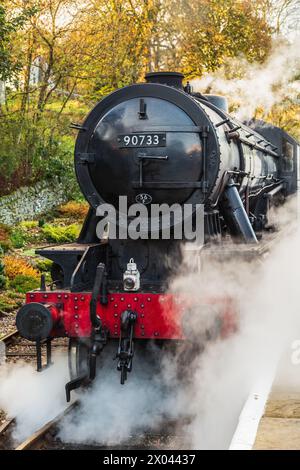 Dampflokomotive am Bahnhof Oxenhope an der Keighley and Worth Valley Railway in Yorkshire, England. Stockfoto