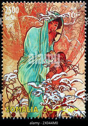 Bild von Alfons Mucha auf somalischer Briefmarke Stockfoto