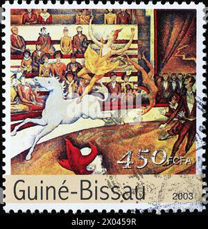 Show im Zirkus auf quadratischer Briefmarke Stockfoto