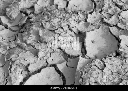 Getrockneter, zerrissener Boden, Nahaufnahme. Dürre. Natürliche Hintergründe und Texturen. Natur. Stockfoto