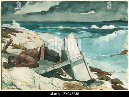 Nach dem Hurrikan, 1899 Gemälde eines Mannes, der an einem Strand neben seinem zerstörten Boot auf den Bahamas liegt, Winslow Homer Stockfoto