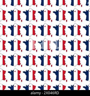 Nahtloses Frankreich-Muster. Vektorhintergrund. Niedliche handgezeichnete Landkarte im Doodle-Stil der französischen Flagge Stock Vektor