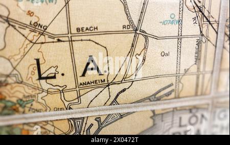 Karte von Los Angeles, Kalifornien, Detailansicht von Long Beach und Anaheim, altmodische Karte von L.A. Stockfoto