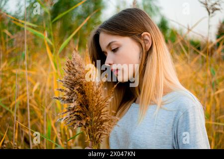 Schönes junges Mädchen, das ein leeres graues T-Shirt und eine schwarze Jeans trägt, posiert im frühen warmen Herbst vor hohem grünen und gelben Gras. Stockfoto