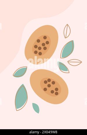 Vertikale Banner mit halber Papaya-Frucht. Tropische Frucht mit Blättern flach Hand gezeichnete Vektor-Illustration Stock Vektor