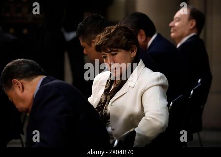 Mexiko-Stadt, Mexiko. April 2024. Gouverneur des mexikanischen Staates Delfina Gomez während des Pressegesprächs des mexikanischen Präsidenten Lopez Obrador im Nationalpalast. (Kreditbild: © Luis Barron/OKULARIS Via ZUMA Press Wire) NUR REDAKTIONELLE VERWENDUNG! Nicht für kommerzielle ZWECKE! Stockfoto