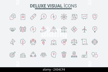 ESG für Unternehmensentwicklung dünne schwarze und rote Linien setzen Vektorillustration. Umweltfreundliche Technologien und verantwortungsvolle Gesellschaft, Umweltrecht und ethisches Management, nachhaltige Energie skizzieren Stock Vektor