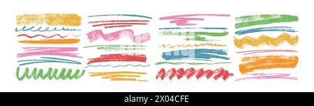 Bunte Buntstifte unterstreichen, kritzeln oder wellige Pinselstriche. Die Kinder zeichnen von Hand Kritzelchen, Holzkohle-Squiggles, kreide lockige Linien. Bleistiftfarbene Streifen und raue Textmarker isoliert auf weißem Hintergrund. Stock Vektor