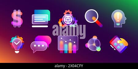 Glassmorphism Matte ui-Symbolset mit verschwommenem Neonverlauf für das Design mobiler Apps. Transparente Mattglas-Morphismus-Symbole für Geschäftsstrategie, Diagramm, Webeinstellungen, Geldzeichen und Suchlupe. Stock Vektor
