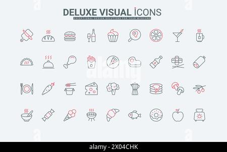 Essen und Trinken beliebte Menü des Restaurants oder des Hauses dünne schwarze und rote Linien Symbole setzen Vektor-Illustration. Piktogramm mit Pizza zum Mitnehmen und heißen Burgern, Croissants und Kaffee, Käse und Steak Stock Vektor