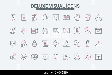 Lernen Sie Fremdsprachensymbole. Online-Dienste und mobile Apps für Kommunikation und Textübersetzung, Sprachkenntnisse und Zertifikate dünne schwarze und rote Umrisssymbole, Vektorillustration Stock Vektor