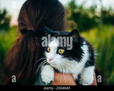 Eine Frau hält zärtlich eine schwarz-weiße Katze im Arm. Stockfoto