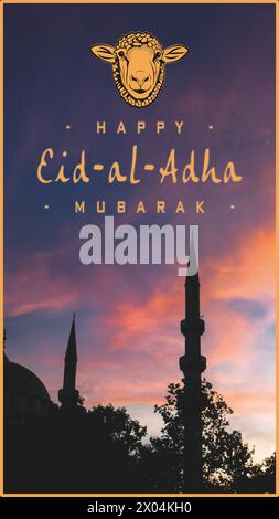 EID al-Adha-Karte mit Moschee-Silhouette vor einem lebendigen Sonnenunterganghimmel. Geschichte, Post . . Vektorabbildung Stock Vektor