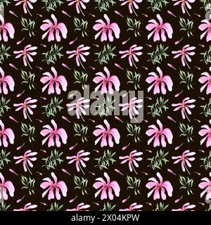 Abstrakte rosa Blumen und Grün. Nahtloses Muster von Frühlingspflanzen. Grüne Blätter und Magnolienblüten. Aquarellabbildung Stockfoto