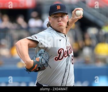 Pittsburgh, Usa. April 2024. Detroit Tigers Pitcher Tyler Holton (87) wirft im sechsten Inning gegen die Pittsburgh Pirates im PNC Park am Dienstag, den 9. April 2024 in Pittsburgh. Foto: Archie Carpenter/UPI Credit: UPI/Alamy Live News Stockfoto