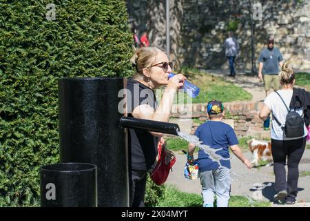 An heißen Sommertagen sollte im Park im Schatten mit reichlich Wasser Abkühlung gesucht werden Stockfoto