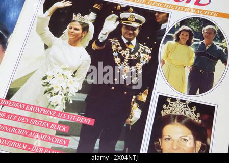 Viersen, Deutschland - 9. März. 2024: Nahaufnahme des deutschen Magazincovers mit der Geschichte der königlichen Romantik zwischen König Carl Gustaf und Königin Silvia aus Schweden Stockfoto