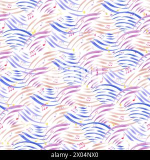 Nahtloses Muster abstrakter Musikwellen und Musiknoten. Mehrfarbige Notizsymbole. Musikalische niedliche Atmosphäre. Aquarellillustration für Textilien Stockfoto