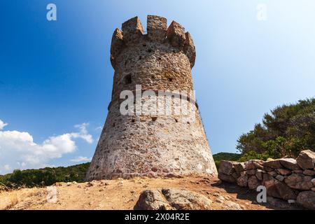 Campanella Turm an einem sonnigen Tag. Einer der genuesischen Türme von Korsika, eine Reihe von Küstenfestungen, die von der Republik Genua zwischen 1530 und errichtet wurden Stockfoto