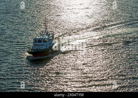 Pilotboot im Port William Kanal nach Stanley, Falklandinseln, Samstag, 02. Dezember 2023. Foto: David Rowland / One-Image.com Stockfoto