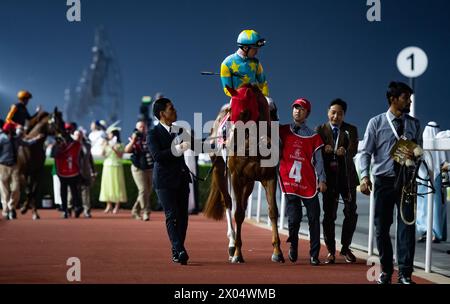 Derma Sotogake und Oisin Murphy starten zum G1 Dubai World Cup 2024, Meydan Racecourse, 24.03.30. Credit JTW equine Images / Alamy. Stockfoto