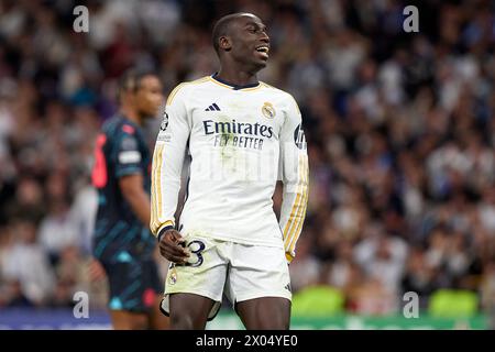 Madrid, Spanien. April 2024. Ferland Mendy von Real Madrid während des Viertelfinales der UEFA Champions League im ersten Legspiel zwischen Real Madrid CF und Manchester City am 9. April 2024 im Estadio Santiago Bernabeu in Madrid, Spanien. (Foto: Gerard Franco/Dax Images) Credit: DAX Images/Alamy Live News Stockfoto