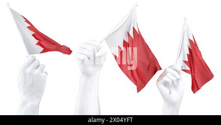 Drei isolierte Hände schwenken bahrainische Fahnen, symbolisieren nationalen Stolz und Einheit Stockfoto