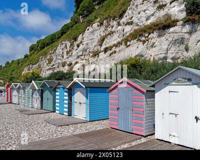 UK, Devon, Beer Beach Hütten. Stockfoto