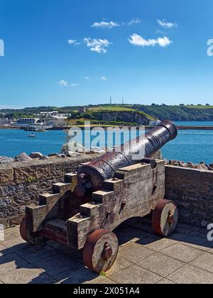 Großbritannien, Devon, Plymouth, The Hoe, Cannon mit Blick auf Mount Batten von der Madeira Road. Stockfoto