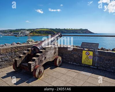 Großbritannien, Devon, Plymouth, The Hoe, Cannon mit Blick auf Mount Batten von der Madeira Road. Stockfoto