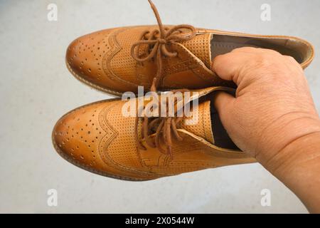 Ein Paar braune, bequeme Lederschuhe mit Schnürsenkeln in weiblichen Händen, Kauf neuer Damenschuhe, klassischer perforierter Schuhe, Kleidung, Fußbekleidung Stockfoto