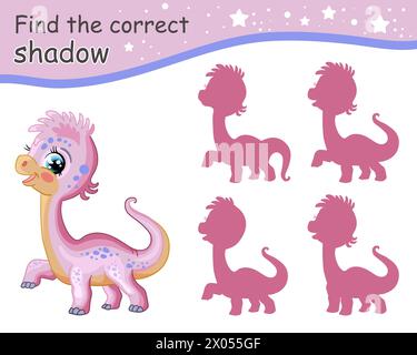 Suchen Sie den richtigen Schatten. Niedlicher, pinkfarbener Diplodocus-Dinosaurier. Pädagogisches Matching-Spiel für Kinder mit Zeichentrickfigur. Aktivität, Logikspiel, Lernen Stock Vektor