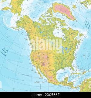Detaillierte physische Karte von Nordamerika Stock Vektor